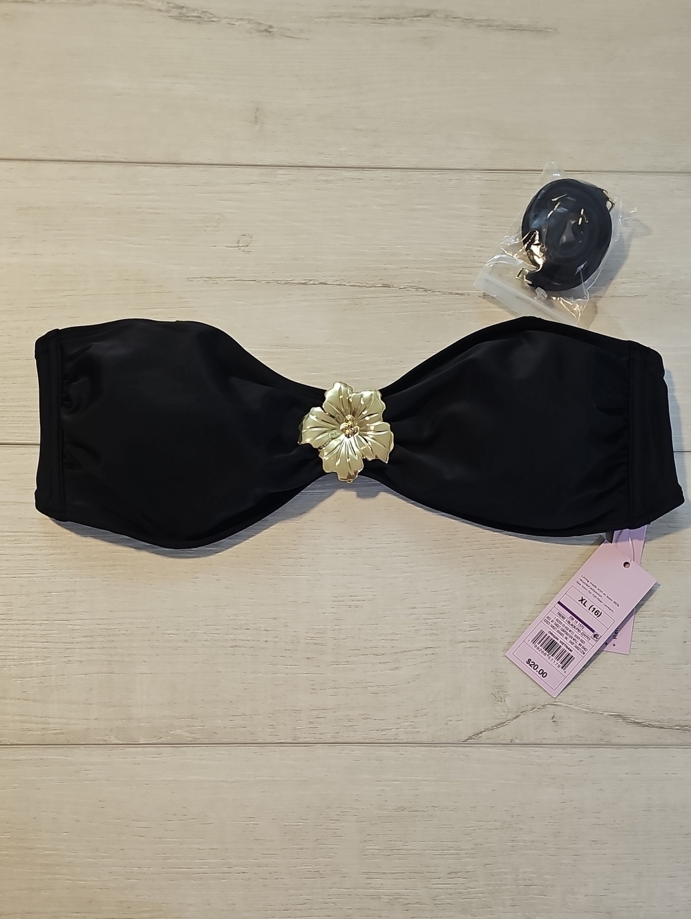 Wild Fable Women's XL Front Metal Floral Hardware Black Bandeau Bikini Top